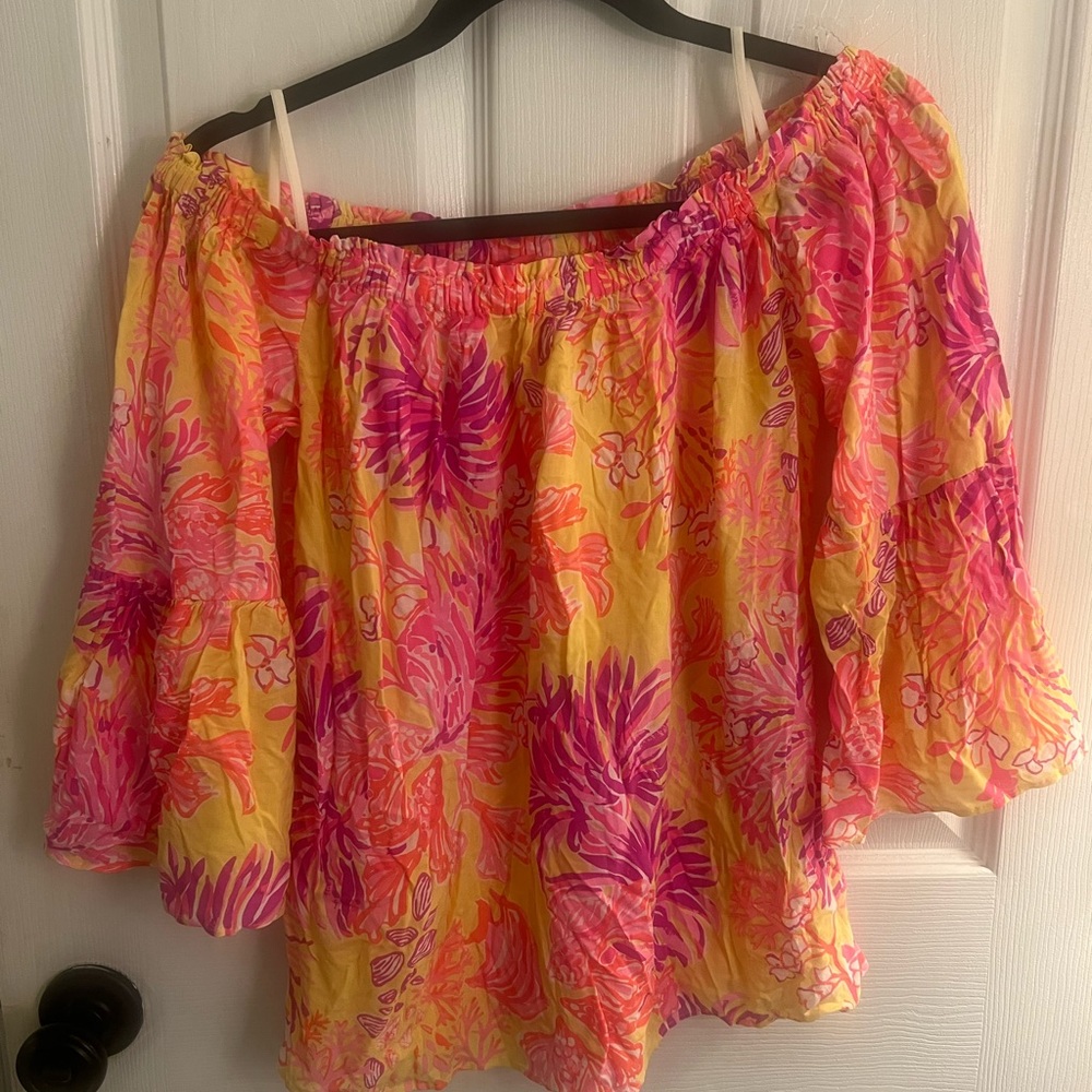 Lilly Pulitzer Yellow Off-Shoulder Floral Blouse with Pink & Orange Print